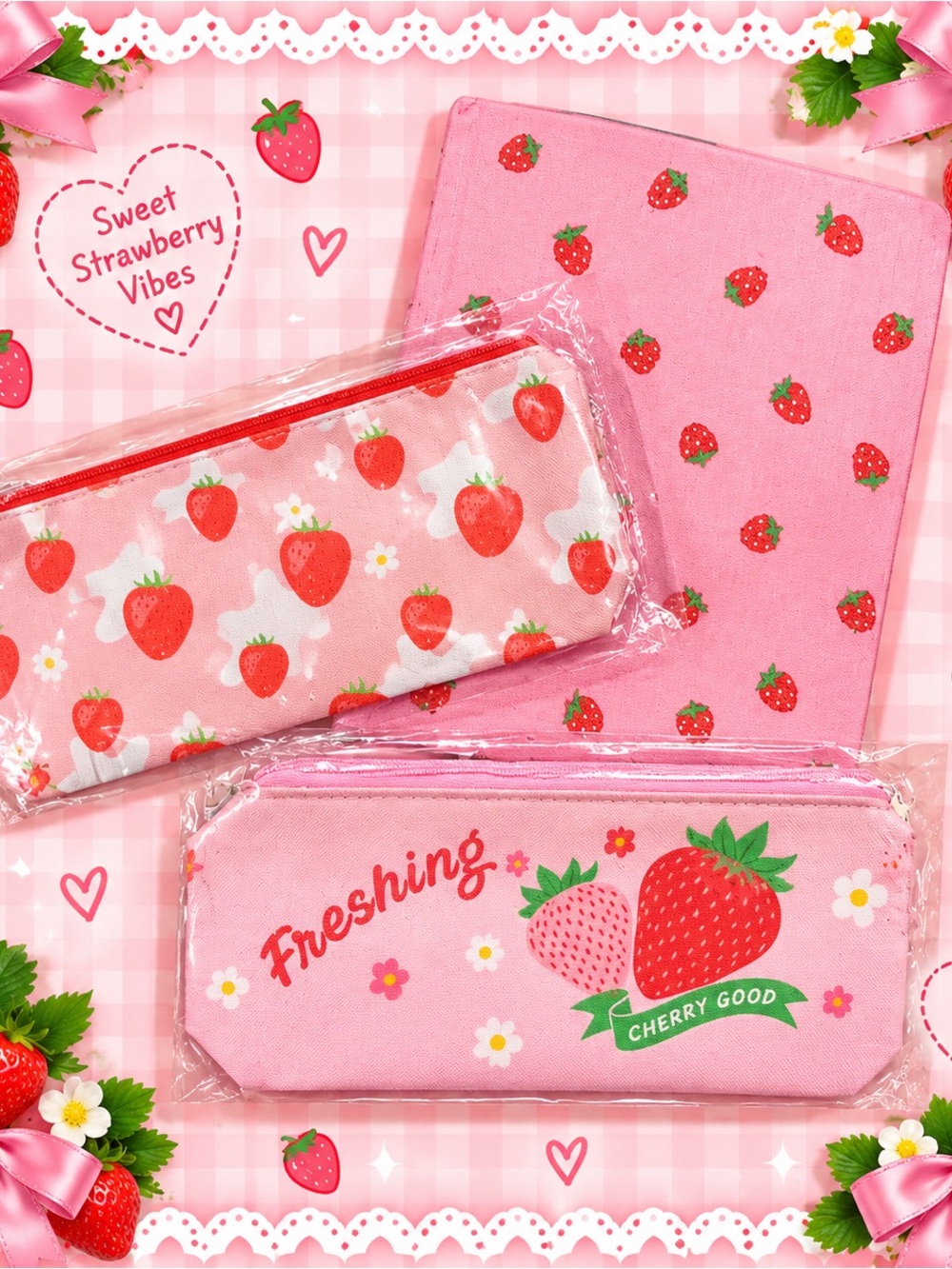 Strawberry Pencil Cases and Notebook Set